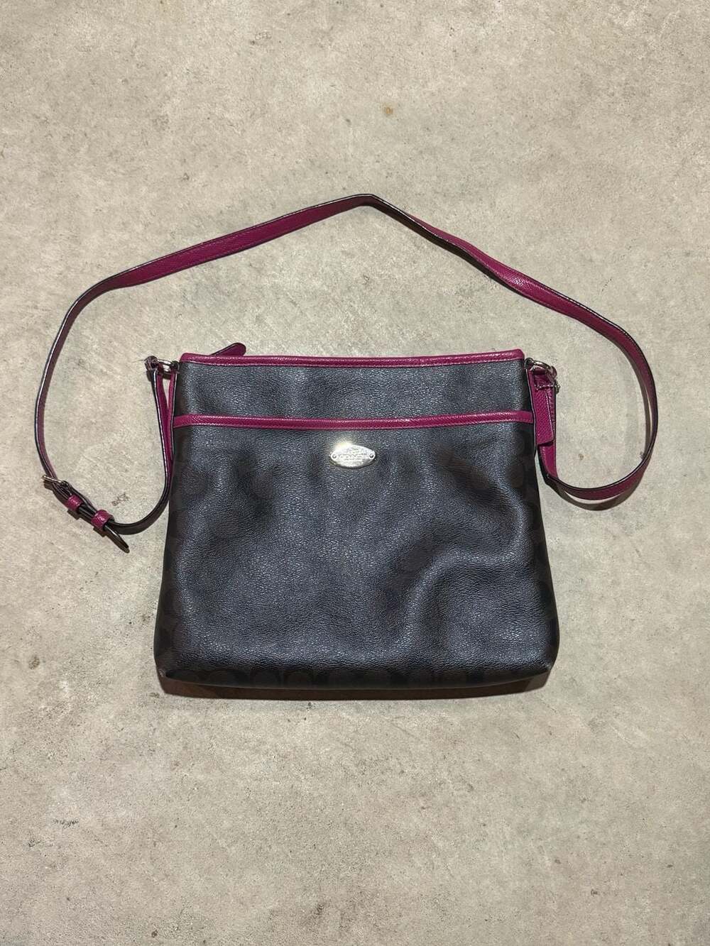 Coach Signature Crossbody Bag Brown and Raspberry Trim